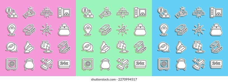 Set line Gold Bars 24k, umtauschen Geld, Tasche Gold und Nugget Icon. Vektorgrafik