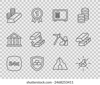 Set line Gold bars 24k, nugget, Safe, with shield, coin gold, exchange money, mine and  icon. Vector