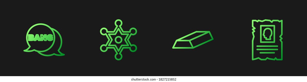 Set line Gold bars, Bang boom, gun Comic, Hexagram sheriff and Wanted western poster. Gradient color icons. Vector