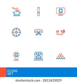 Set line Gold bars, Blacksmith oven, Horseshoe, Clamp and screw tool, Round shield, Crossed hammer,  and Rasp metal file icon. Vector