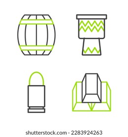 Fijar la línea Barras de oro, Bullet, Drum y Gun, icono de barril de pólvora. Vector