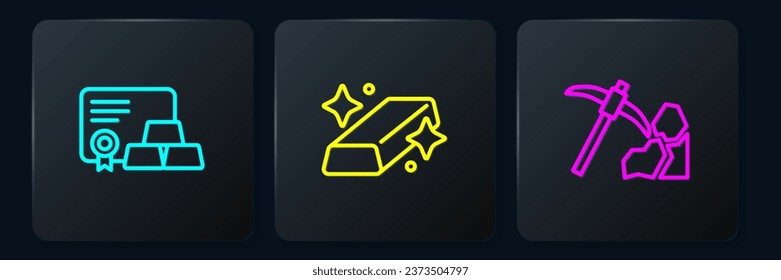 Set line Gold bars with certificate, mining and . Black square button. Vector