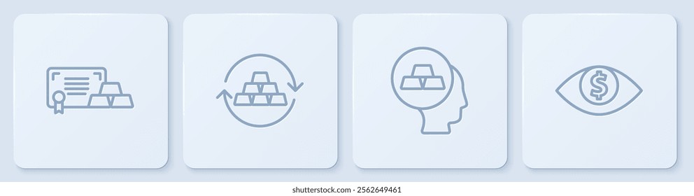 Set line Gold bars with certificate, exchange money and Eye dollar. White square button. Vector