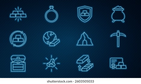 Set line Gold bars with certificate, Pickaxe, shield, exchange money, mine and ring icon. Vector