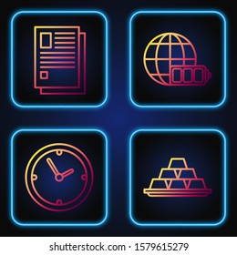 Set line Gold bars, Clock, File document and Battery charge level indicator with earth globe. Gradient color icons. Vector