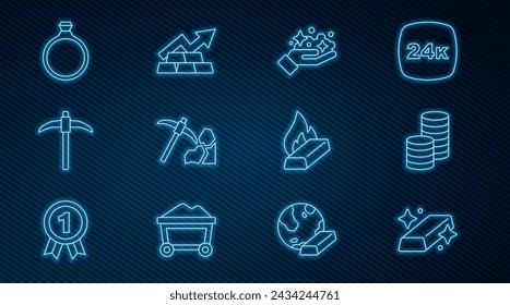 Set line Gold bars, coin money, mine, mining, Pickaxe, ring, Molten gold being poured and Growth arrow with icon. Vector