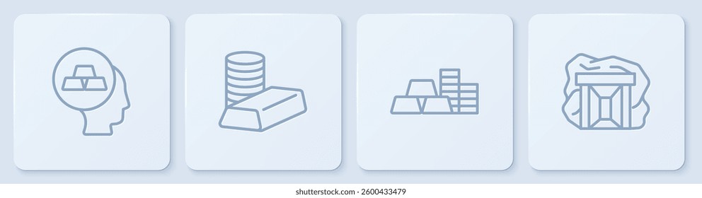 Set line Gold bars, coin with gold,  and mine. White square button. Vector