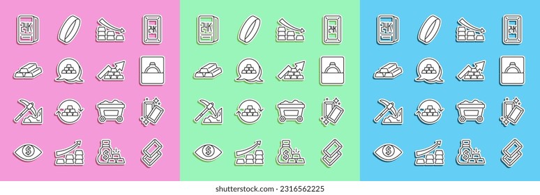 Set-line Gold-Balken, Diamant-Verlobungsring in Box, Falling-Pfeil mit Gold, 24k und Growth-Symbol. Vektorgrafik