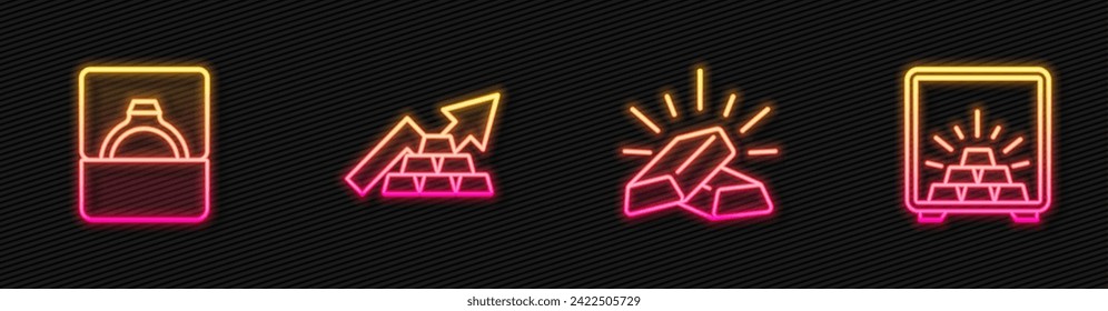 Set line Gold bars, Diamond engagement ring in box, Growth arrow with gold and Safe. Glowing neon icon. Vector