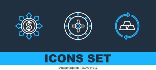 Establecer línea de barras de oro, dólar, compartir, red e icono de seguridad. Vector