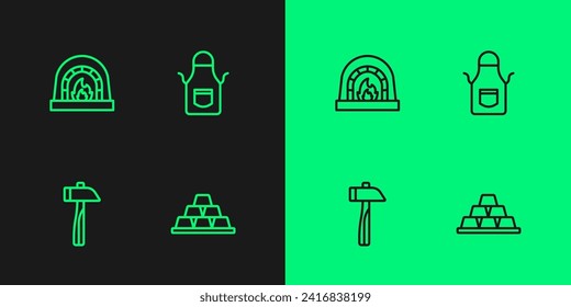 Fijar la línea Barras de oro, Hammer, Horno de herrero e icono de delantal. Vector