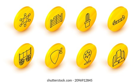 Set line Gold bars, Hexagram sheriff, Cowboy bandana, Wild west covered wagon, Kayak or canoe paddle, Cactus peyote in pot, Saloon door and  icon. Vector