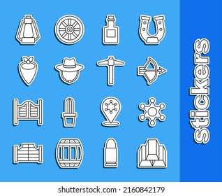 Set line Gold bars, Hexagram sheriff, Bow and arrow in quiver, Tequila bottle, Western cowboy hat, Cowboy bandana, Camping lantern and Pickaxe icon. Vector