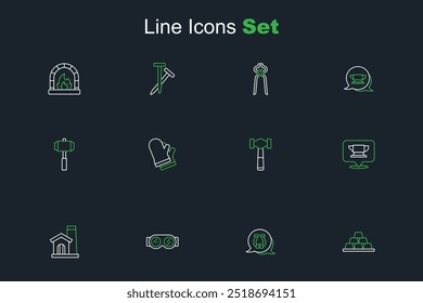 Set line Gold bars, Horseshoe, Welding glasses, Smithy workshop interior, Blacksmith anvil tool, Hammer, Protective gloves and Sledgehammer icon. Vector