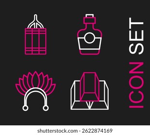 Set line Gold bars, Indian headdress with feathers, Tequila bottle and Dynamite bomb icon. Vector