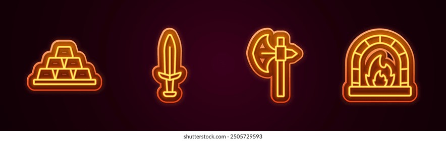 Set line Gold bars, Medieval sword, axe and Blacksmith oven. Glowing neon icon. Vector