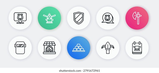 Set line Gold bars, Medieval axe, Welding mask, Classic iron fence, Horseshoe, Shield, Blacksmith anvil tool and oven icon. Vector