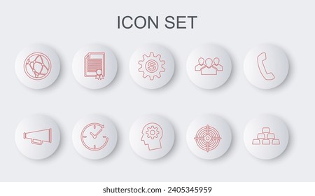 Fijar la línea Barras de oro, Megáfono, Engranaje con símbolo de dólar, Deportes de destino, Red social, Plantilla de certificado, flecha de reloj y Engranaje de cabeza humano dentro del icono. Vector
