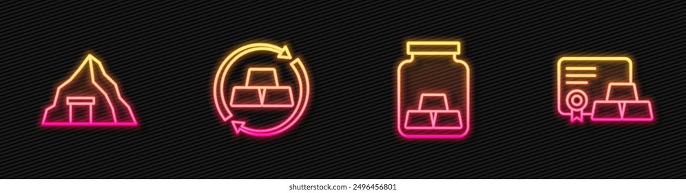 Set line Gold bars, mine, exchange money and with certificate. Glowing neon icon. Vector