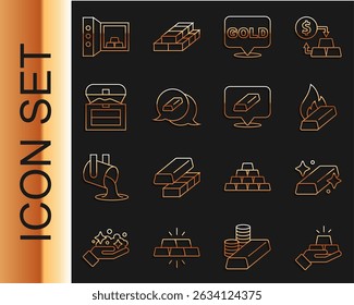 Set line Gold bars, Molten gold being poured, Antique treasure chest, Safe with and  icon. Vector