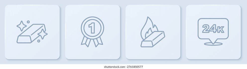Set line Gold bars, Molten gold being poured, Medal and 24k. White square button. Vector