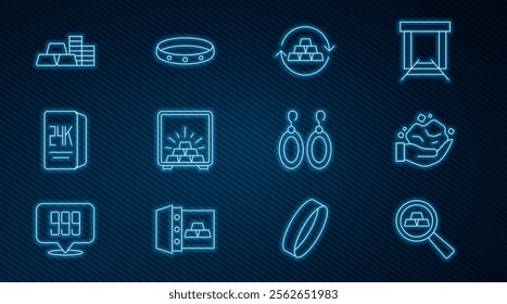 Set line Gold bars, nugget, exchange money, Safe with gold, 24k, coin, Earrings and  icon. Vector