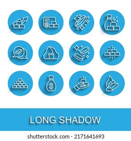 Set line Gold bars, Old money bag, Growth arrow with gold, Molten being poured, mine,  and coin icon. Vector