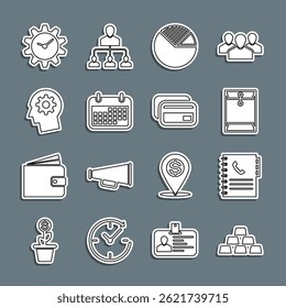 Set line Gold bars, Phone book, Envelope, Pie chart infographic, Calendar, Human head with gear inside, Time Management and Credit card icon. Vector