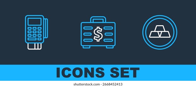 Set line Gold bars, POS terminal with credit card and Briefcase and money icon. Vector