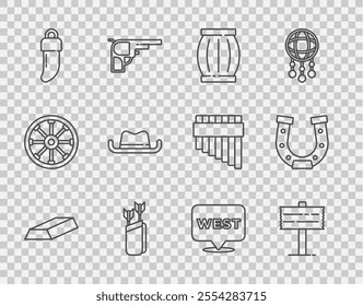 Set line Gold bars, Road traffic signpost, Gun powder barrel, Quiver with arrows, Tooth, Western cowboy hat, Pointer to wild west and Horseshoe icon. Vector
