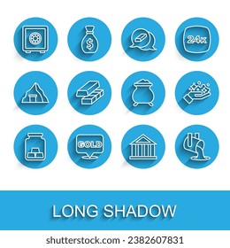 Set line Gold bars, Safe, Bank building, Molten gold being poured, exchange money, mine and  icon. Vector