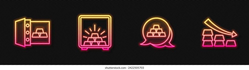 Fija la línea Barras de oro, Segura con oro y flecha Caída. Icono de neón brillante. Vector