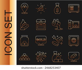 Set line Gold bars, Safe, with gold, Old money bag, Antique treasure chest, Molten being poured,  and  icon. Vector