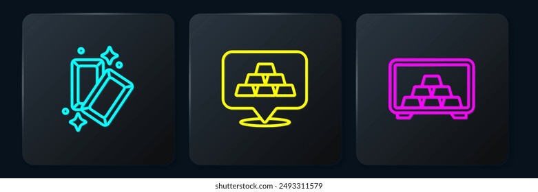 Set line Barras de oro, Caja fuerte con oro y . Botón cuadrado negro. Vector