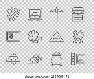 Set line Gold bars, Safe with gold, Pickaxe, Stacks paper money cash, ring, Molten being poured and Medal icon. Vector