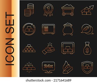 Set line Gold bars with shield, Old money bag, Mine cart gold, Safe, exchange, coin and Molten being poured icon. Vector