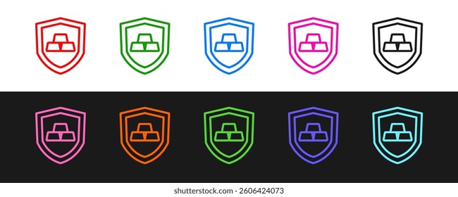 Set line Gold bars with shield icon isolated on black and white background. Banking business concept.  Vector