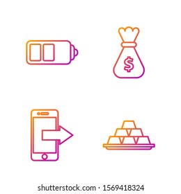 Set line Gold bars, Smartphone, mobile phone, Battery charge level indicator and Money bag. Gradient color icons. Vector
