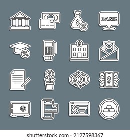 Set line Gold bars, Smartphone with dollar, Envelope symbol, Money bag, POS terminal credit card, Graduation cap and coin, Bank building and icon. Vector