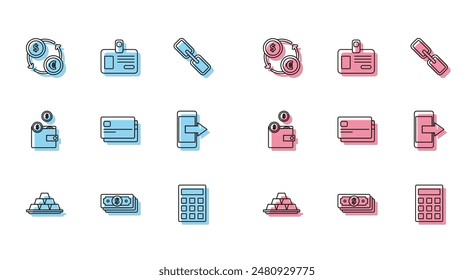 Set line Gold bars, Stacks paper money cash, Money exchange, Calculator, Credit card, Smartphone, mobile phone, Wallet with coins and Identification badge icon. Vector