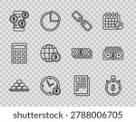 Set line Gold bars, Time is money, Chain link, Smartphone with dollar symbol, Earth globe, File document and Stacks paper cash icon. Vector