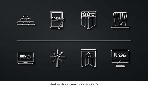 Fijar la línea Barras doradas, USA en el portátil, sombrero americano patriótico, bandera, Firework, tableta gráfica, monitor y Escudo con estrellas icono. Vector