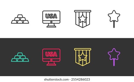 Set line Gold bars, USA on monitor, American flag and Balloon on black and white. Vector