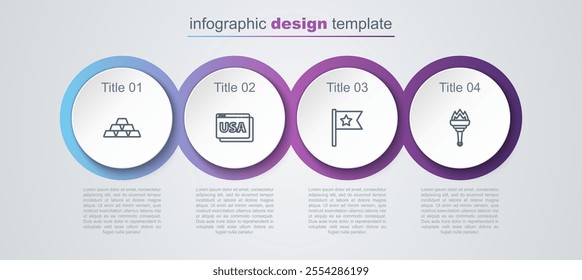 Set line Gold bars, USA on browser, American flag and Torch flame. Business infographic template. Vector