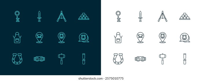 Set line Gold bars, Welding glasses, Horseshoe, Sledgehammer, Blacksmith anvil tool, Air blower bellows, Old key and Medieval sword icon. Vector