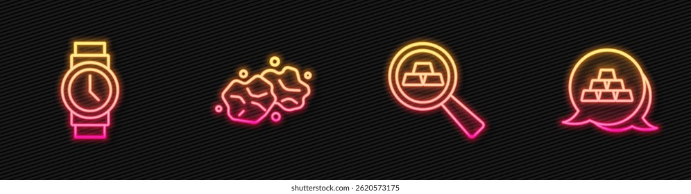 Set línea de barras de oro, reloj de pulsera, pepita y . Icono de neón brillante. Vector