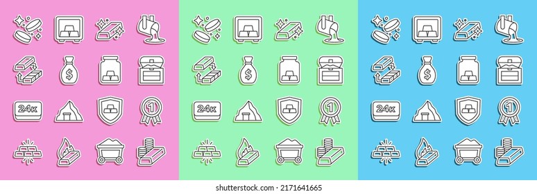 Set line Gold coin with gold bars, Medal, Antique treasure chest, Old money bag, exchange,  and  icon. Vector