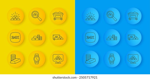 Set line Gold coin with gold bars, 24k, certificate, Mine cart and  icon. Vector