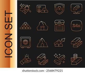 Set line Gold coin with gold bars, exchange money, 24k, shield, mine,  and Antique treasure chest icon. Vector