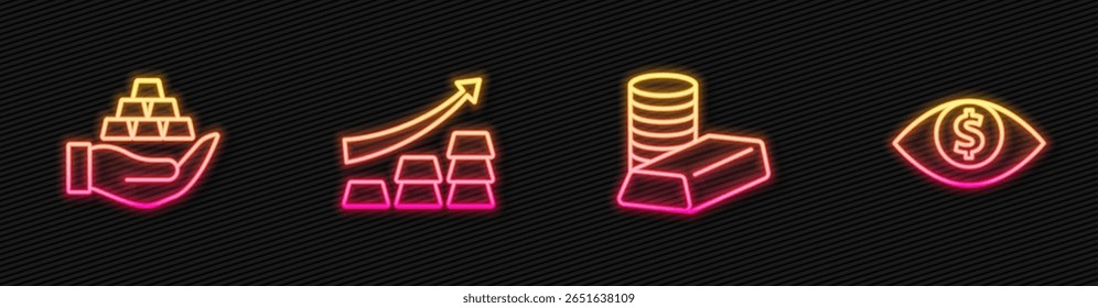 Moneda de oro con barras de oro, mano, flecha de crecimiento y dólar de ojo. Icono de neón brillante. Vector